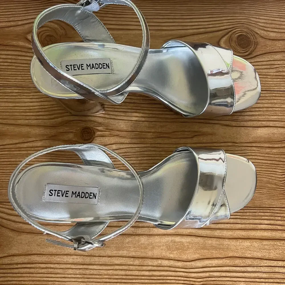 Steve Madden Silver Chunky Platform Heeled Sandals Womens 10 Emberly - Picture 4 of 12